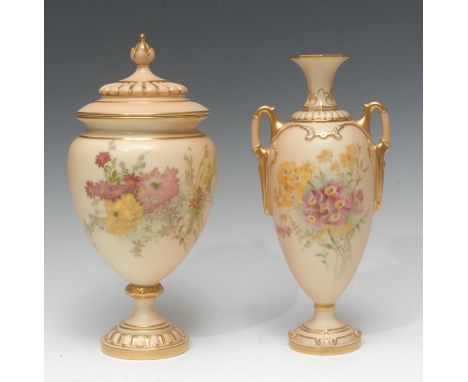 A Royal Worcester pedestal ovoid vase and cover, printed and painted with flowers and foliage on a blush ivory ground, domed 