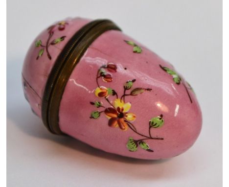 A George III Bilston pink enamel novelty toy bonbonniere, as an egg, in relief with sprigs of country flowers picked out in p