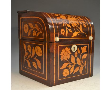 A 19th century Dutch satinwood marquetry and mahogany decanter box, profusely inlaid with a bird, flowers and leafy stems, th