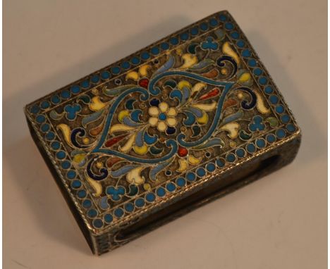 A Russian silver and cloisonne enamel rectangular matchbox sleeve, typically decorated in polychrome, 6cm wide, early 20th ce