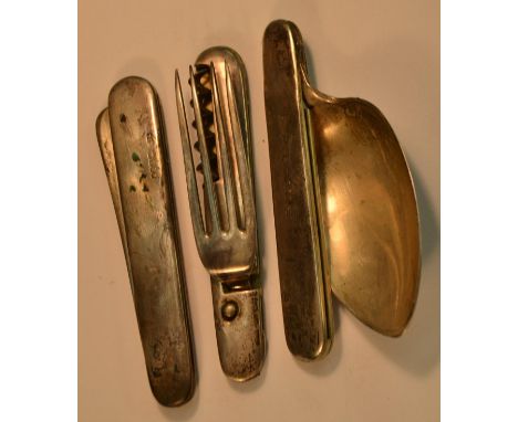 A late 19th century silver three-piece gentleman's three piece campaign or picnic set, comprising a folding spoon, a knife an