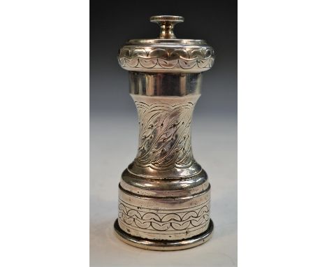 A George V silver pepper grinder, chased with stiff leaves and bands of lunettes, 12cm high, Elkington &amp; Co, Birmingham 1