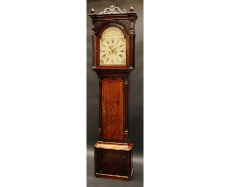 A George III oak longcase clock, 32cm arched painted dial inscribed Jos Johnson, Dudley, Roman and Arabic numerals, subsidiar