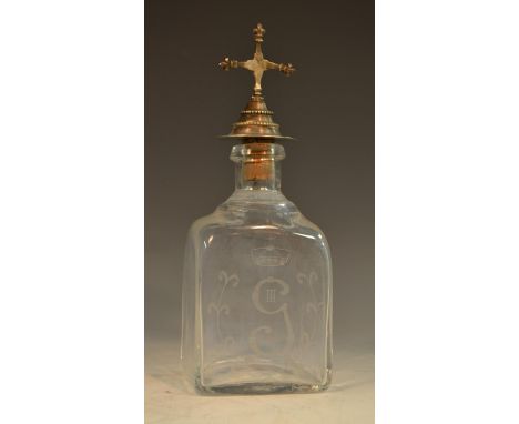 A Swedish royal commemorative glass square baluster decanter, etched with the crowned monogram of Gustav III of Sweden (1746-