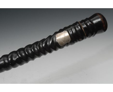 An unusual oryx horn cane, carved wooden detachable top, silver cartouche inscribed 1937 Cap't F W De Guingand, 80cm longMajo