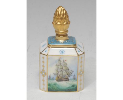 A Lynton porcelain canted square scent bottle, painted by Stefan Nowacki, signed, recto and verso with men-of-war at sea, the