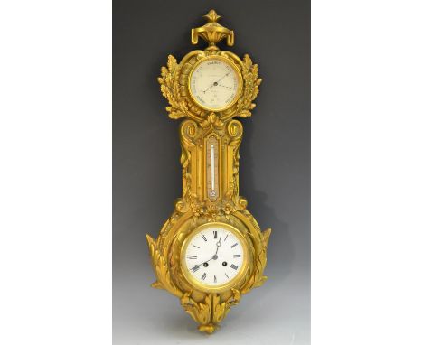 A 19th century gilt metal wall hanging combination clock, barometer and thermometer, retailed by J J Wainwright &amp; Co, Bir