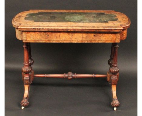 A Victorian burr walnut and marquetry combination writing and card table, folding top with inset tooled leather writing surfa