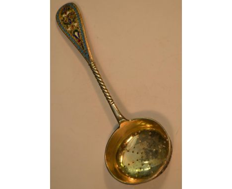 A Russian silver and cloisonne enamel sifter spoon, decorated in polychrome, gilt oval bowl, 15.5cm long, kokoshnik mark, ear