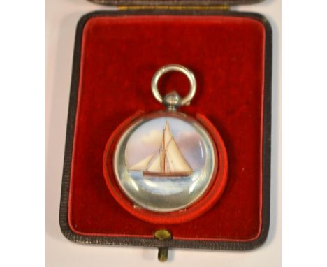 A Victorian silver and enamel sovereign case, the hinged cover painted in polychrome enamels with a yacht at sea, push-button