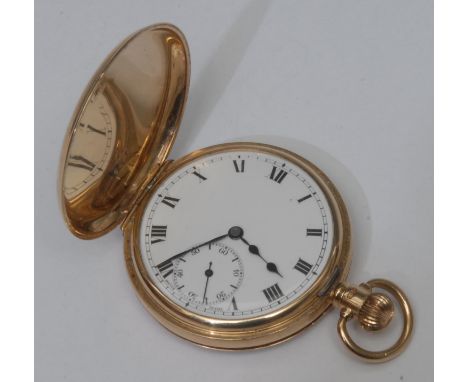 A George VI 9ct gold full hunter pocket watch, white enamel dial, Roman numerals, subsidiary seconds, blued spade hands, butt