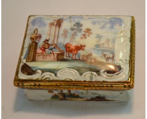 An early George III Rococo Bilston enamel rectangular snuff box, the cover painted with a rustic and his cattle in an Italian