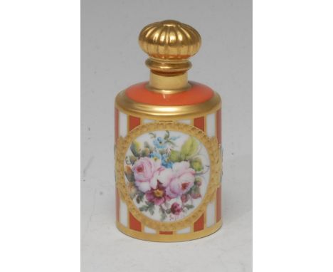 A Lynton porcelain cylinder scent bottle, painted by Stefan Nowacki, monogrammed, with a reserve of country flowers, within a