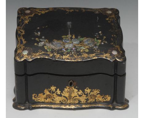 A Victorian papier mache slope top stationery box, inlaid with mother-of-pearl and abalone, gilt scrolls, 13cm high,  17.5cm 