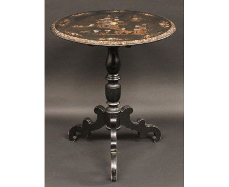 A Victorian Japanned tripod occasional table, tilt top inlaid with mother-of-pearl and gilt in the Chinoiserie taste, turned 