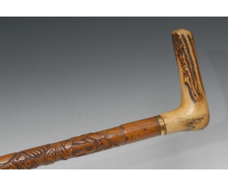 An early 20th century walking stick, horn handle, the shaft carved with RFC The Royal Scots 1918 and the countries of the emp