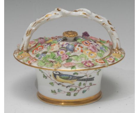 A Chamberlain Worcester pot basket and cover, painted with song bird, the cover pierced and encrusted with flowers and foliag