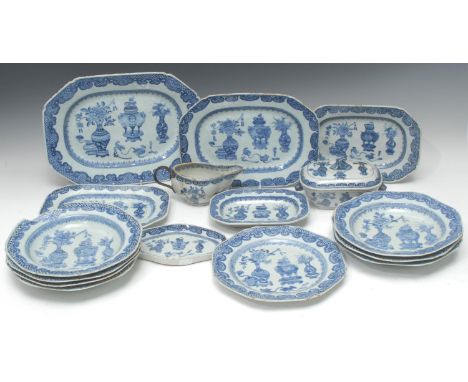 A part 18th century Chinese porcelain blue and white service, comprising five graduated canted rectangular serving plates, se