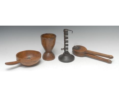 Treen - a 19th century sycamore handled bowl, 14.5cm diam; a 19th century wrought iron spiral candlestick, softwood base, 20c