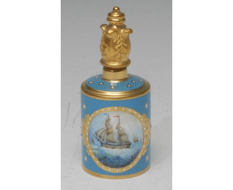 A Lynton porcelain cylinder scent bottle, painted by Stefan Nowacki, monogrammed, with frigates at sea, within a shaped circu