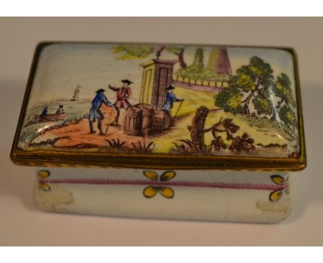 A George III South Staffordshire enamel rectangular snuff box, the hinged cover printed and picked out in colours with an Ita