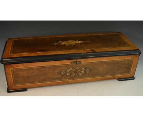 A 19th century Swiss crossbanded rosewood and marquetry  music box, 33cm cylinder playing twelve airs on a one-piece comb, li