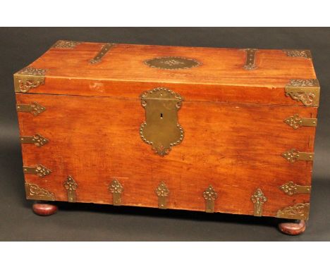 A Colonial brass mounted camphor rectangular chest, possibly for the Spanish market and reminiscent of a Zanzibar trunk, hing