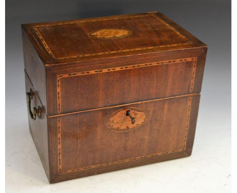 A late 18th/early 19th century Dutch mahogany and marquetry rectangular decanter box, hinged cover enclosing six square glass