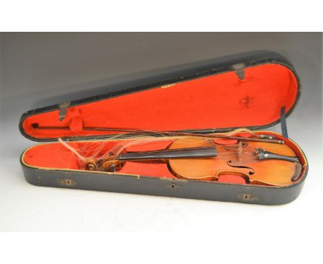 A 19th century violin 36.1cm two-piece back excluding button, ebony fingerboard, rosewood tuning pegs, carved scroll, outline