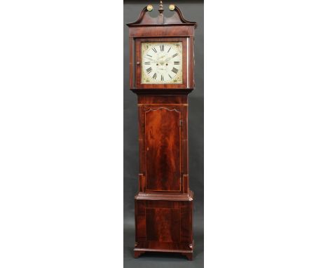 A George III/IV mahogany longcase clock, 34cm square painted dial inscribed Thomas Barry, Bolton, Roman numerals, subsidiary 