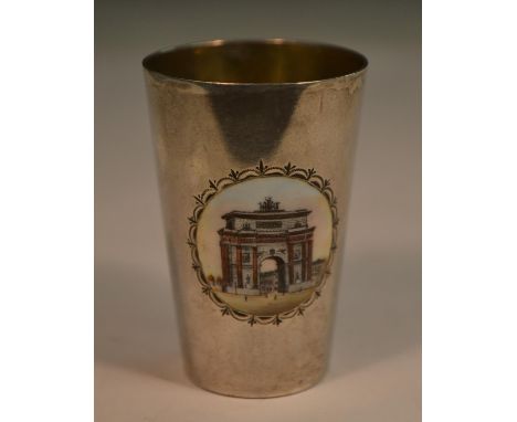 A Russian silver and enamel tapered cylindrical vodka cup , decorated in polychrome with The Triumphal Gate, Victory Square, 