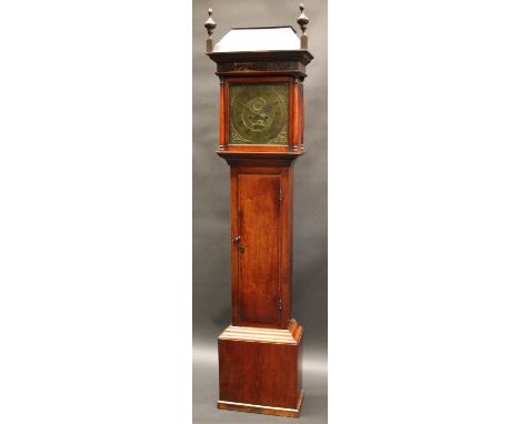 A George II oak longcase clock, 30cm square brass dial inscribed Henry Deykin, Worcester, No 1169, Roman and Arabic numerals,