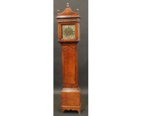 A mid-18th century oak longcase clock, 24cm square brass dial inscribed John Pettit, Chipping Ongar, silvered chapter ring wi