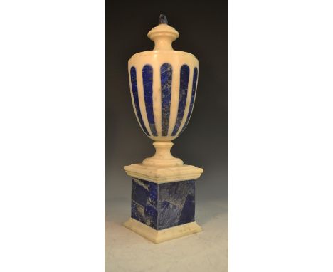 A Neo-Classical design lapis lazuli and white marble ovoid mantel urn, in the Grand Tour taste, knop finial, inlaid with a ba