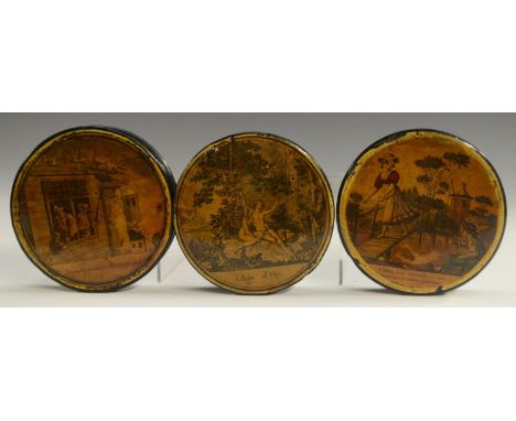 An early 19th century French papier-mâché circular table-top snuff box, the push-cover printed in monochrome with a titled pr