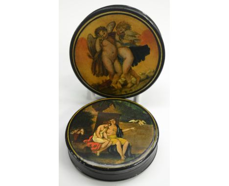 A 19th century papier-mâché circular table-top snuff box, the cover printed in colour with amorini in the manner of Bartolozz