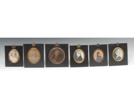 English School, 19th century, a portrait miniature, of a gentleman, wearing a black jacket, watercolour, oval, ebonised frame