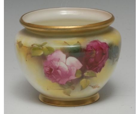 A Royal Worcester bowl, painted  with large red and pink cabbage roses, burnished gilt everted neck and base, 9cm diam, print