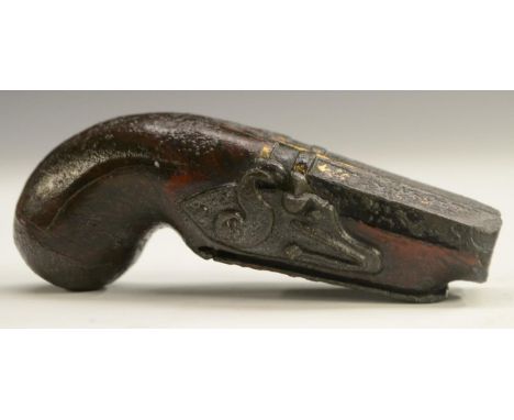 A 19th century novelty pewter snuff box, as an 18th century double-barrel flintlock pistol, shaped rectangular hinged cover t