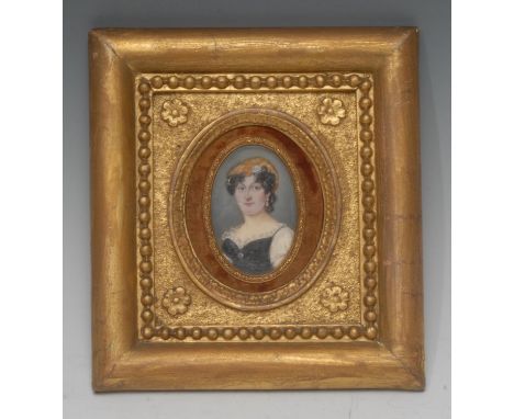 English School, a portrait miniature, of a lady wearing a yellow hat and lace trimmed black dress, on ivory, oval, 7cm x 4cm