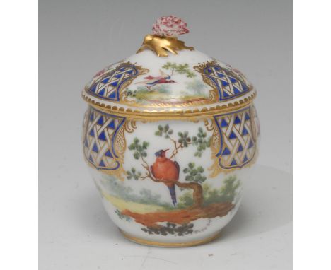 A Sèvres bombé-shaped sucrier and cover (pot à sucre Hébert), of the second size, painted with fanciful birds on leafy branch