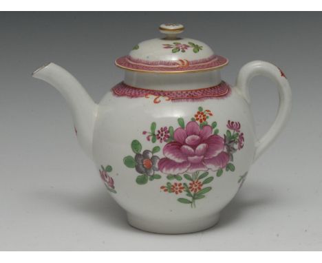 An English porcelain teapot and cover, possibly Caughley, in the famille rose palette with flowers, pink cross hatch border, 