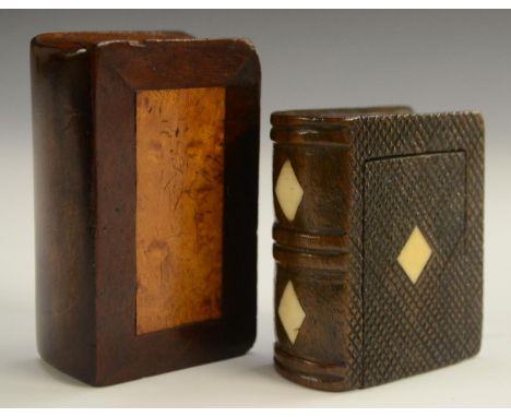 Treen - a 19th century novelty hardwood snuff box, as a book, checkered sliding cover and base, grooved edges imitating pages