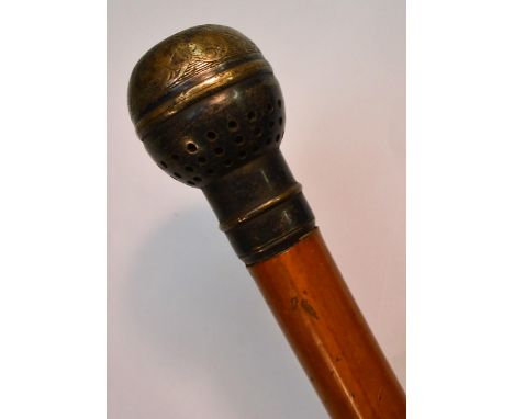 A 19th century gentleman's novelty 'siren cane' system walking stick, the silvered globular pommel enclosing a mechanism, mal