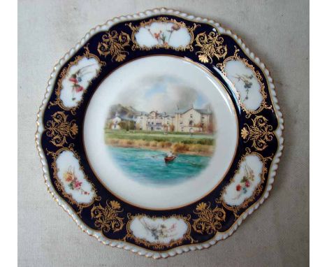 A Royal Worcester china Cabinet Plate painted by Harry Davis with a scene of Low Wood Hotel Windermere from the lake, signed 