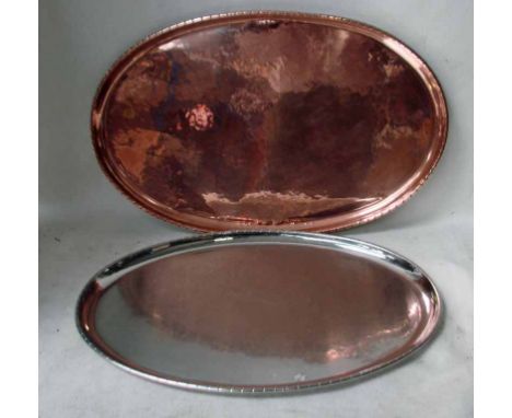 A large copper Platter by Keswick School of Industrial Art, late Victorian, oval form, planished surface, rope effect edge, 5