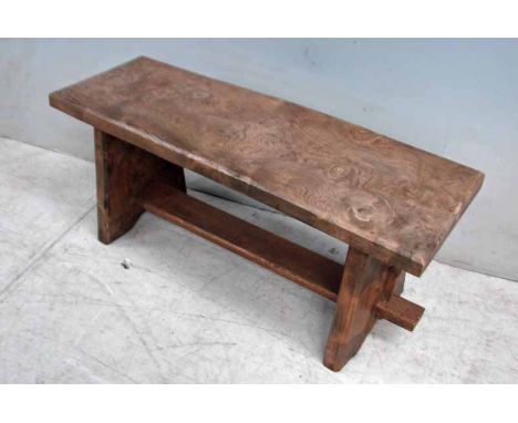 An Elm Arts & Crafts Bench in style and manner of Cotswold School, trestle design, 39cm by 91cm by 30.5cm 