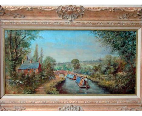 Peter Bradshaw (Irish b.1931), Canal Scene with two Narrow boats in Tandem, signed oil on canvas, 24cm by 49cm 