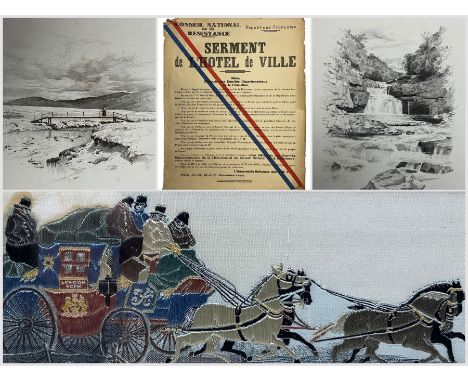 Stevengraph silkwork picture London & York Royal Mail Coach,  with collection of ephemera and maps including French poster 'C