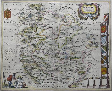 Johannes (Joan) Blaeu (Dutch 1596-1673): 'Herefordia Comitatus (Herefordshire)', 17th century engraved map with hand-colourin